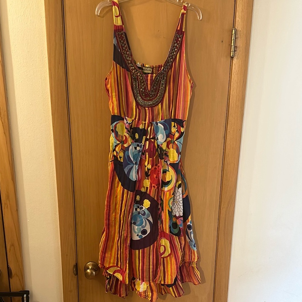 Caravan Women’s Colorful Sleeveless Abstract Print Beaded Midi Dress Size Large